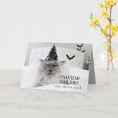 かわいい猫の魔女ハットハロウィン カード (黄色い花)