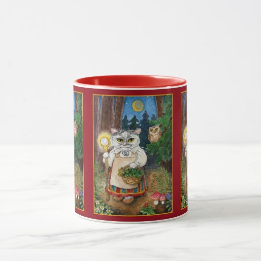 かわいい猫の魔法使い、フクロウ、おとぎ話の自然 マグカップ (中央)