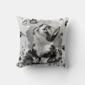 かわいい猫の鳴き声 | 黒と白のふわふわスロー枕 クッション (正面)