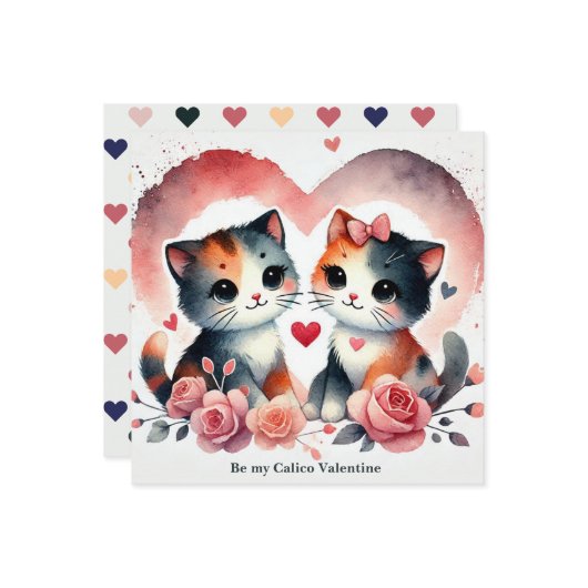 かわいい猫の「私のキャリコバレンタインになって」水彩  シーズンカード (正面/裏面インサイチュ)
