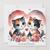かわいい猫の「私のキャリコ・バレンタインになって」水彩画 シーズンカード (正面)