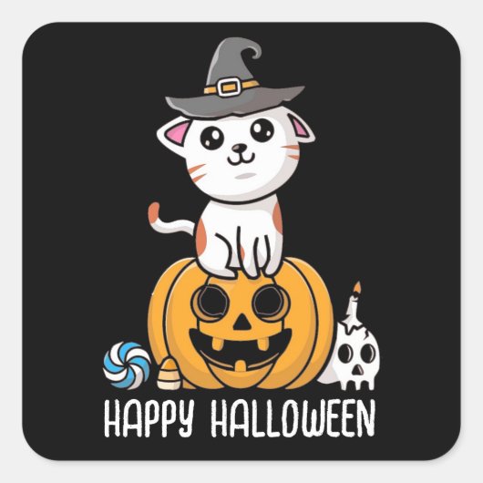 かわいい猫はかぼちゃのハロウィーンに座った スクエアシール (正面)