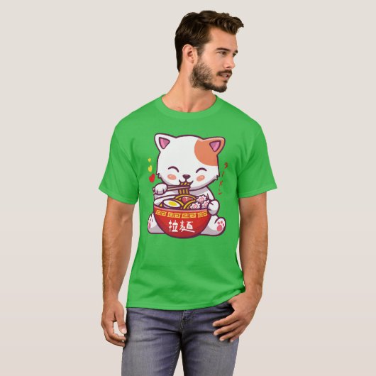 かわいい猫はラーメンが大好き |アニメ子猫食べラーメン Tシャツ (正面フル)