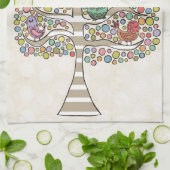 かわいい猫ふくろう&鳥が木のイラストレーションに キッチンタオル (折り畳み)