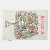 かわいい猫ふくろう&鳥が木のイラストレーションに キッチンタオル (横)