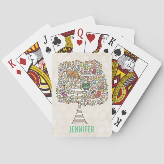 かわいい猫ふくろう&鳥が木のイラストレーションに トランプ (裏面)