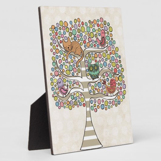 かわいい猫ふくろう&鳥が木のイラストレーションに フォトプラーク (側面)