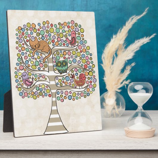 かわいい猫ふくろう&鳥が木のイラストレーションに フォトプラーク (側面)