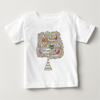 かわいい猫ふくろう&鳥が木のイラストレーションに ベビーTシャツ