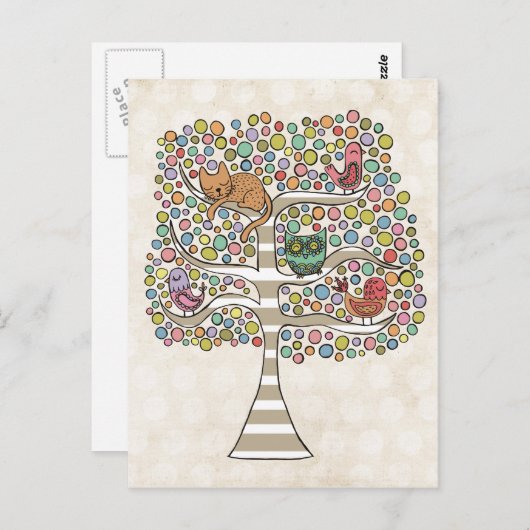 かわいい猫ふくろう&鳥が木のイラストレーションに ポストカード (正面/裏面)