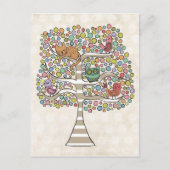 かわいい猫ふくろう&鳥が木のイラストレーションに ポストカード (正面)