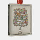 かわいい猫ふくろう&鳥が木のイラストレーションに メタルオーナメント (右)