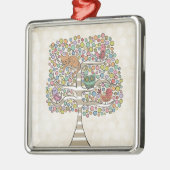 かわいい猫ふくろう&鳥が木のイラストレーションに メタルオーナメント (左)