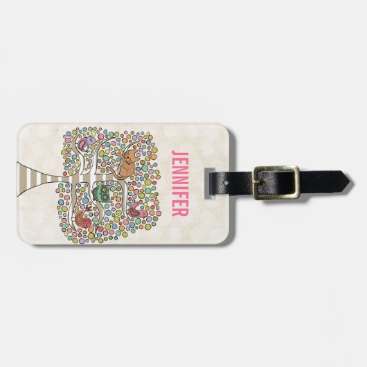 かわいい猫ふくろう&鳥が木のイラストレーションに ラゲッジタグ (正面横)