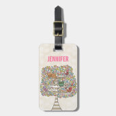 かわいい猫ふくろう&鳥が木のイラストレーションに ラゲッジタグ (正面縦)