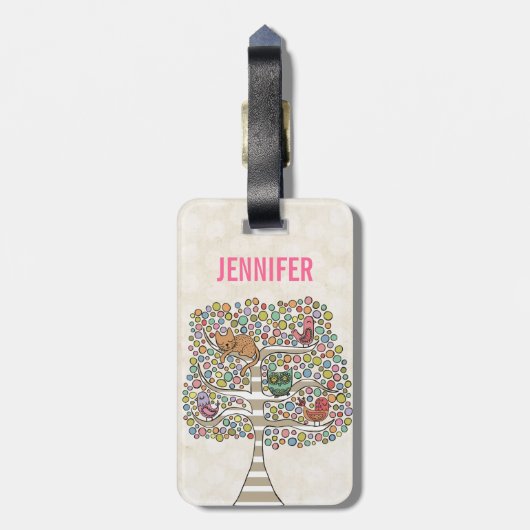 かわいい猫ふくろう&鳥が木のイラストレーションに ラゲッジタグ (裏面縦)