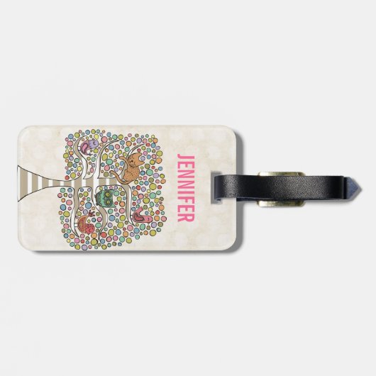 かわいい猫ふくろう&鳥が木のイラストレーションに ラゲッジタグ (裏面横)