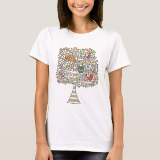 かわいい猫ふくろう&鳥が木のイラストレーションに Tシャツ