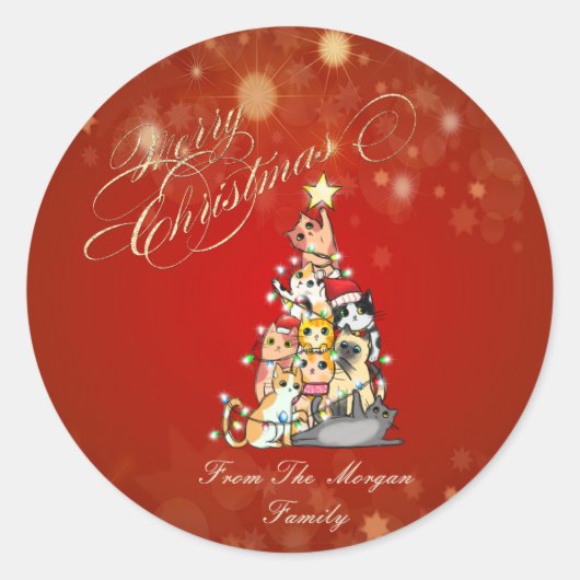 かわいい猫もみの木 赤いクリスマス ラウンドシール (正面)
