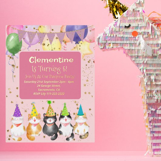 かわいい猫をテーマにしたキッズピンクの誕生日パーティーホイルインヴィ 箔招待状ポストカード