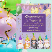 かわいい猫をテーマにしたキッズ紫色の誕生日パーティーのホイル 箔招待状ポストカード