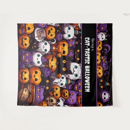 かわいい猫をテーマにしたハローウィンパーティ写真の背景 タペストリー (正面(横))