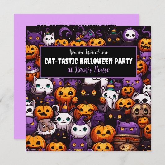かわいい猫をテーマにしたハローウィンパーティ 招待状 (正面/裏面)