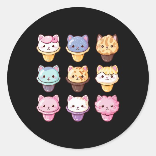 かわいい猫アイスクリームスイーツフードオーバー ラウンドシール (正面)