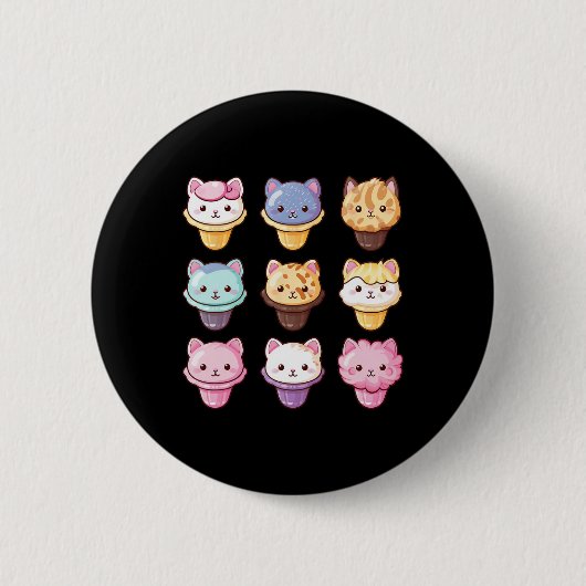 かわいい猫アイスクリームスイーツフードオーバー 缶バッジ (正面)