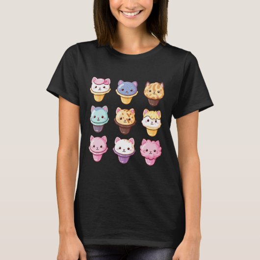 かわいい猫アイスクリームスイーツフードオーバー Tシャツ (正面)