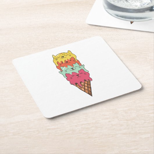 かわいい猫アイスクリーム |かわいい子 スクエアペーパーコースター (アングル)