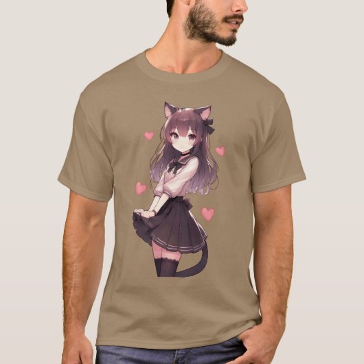 かわいい猫アニメの女の子の家族 Tシャツ (正面)