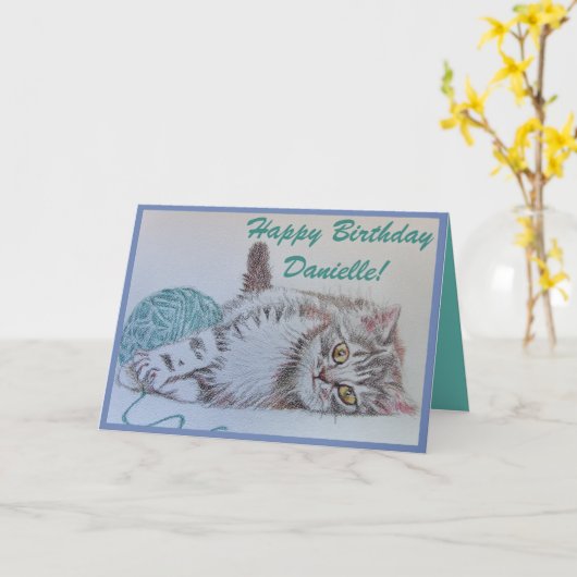 かわいい猫アートグリーティング誕生日カード女性名 カード (黄色い花)