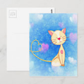 かわいい猫イラストレーションとハート ポストカード (正面/裏面)