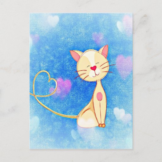 かわいい猫イラストレーションとハート ポストカード (正面)