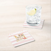 かわいい猫イラストレーションホワイトピンクストライプガールキッズ スクエアペーパーコースター (インサイチュ)