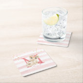 かわいい猫イラストレーションホワイトピンクストライプガールキッズ スクエアペーパーコースター (インサイチュ)