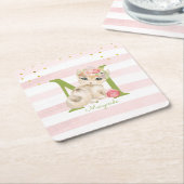 かわいい猫イラストレーションホワイトピンクストライプガールキッズ スクエアペーパーコースター (アングル)