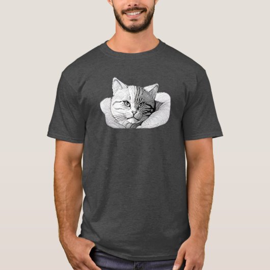 かわいい猫イラストレーション白黒アート Tシャツ (正面)