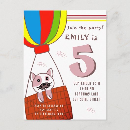 かわいい猫インホットエアバルーンガール誕生日 インビテーションポストカード (正面)
