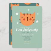かわいい猫オレンジ緑の誕生日パーティー 招待状 (正面/裏面)