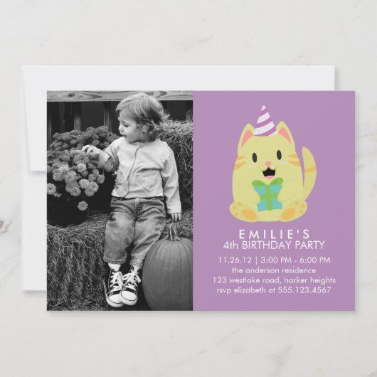 かわいい猫カスタムのフォトバースデーパーティー 招待状 (正面)