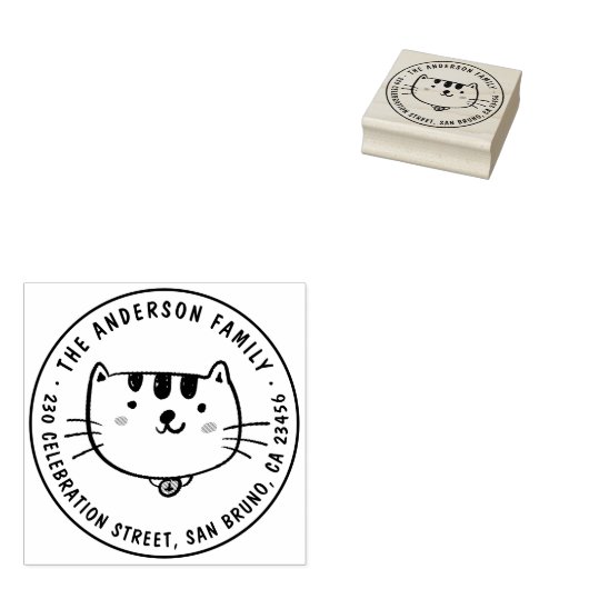 かわいい猫カスタムの家族の名前ラウンド差出人住所 ラバースタンプ (押印)
