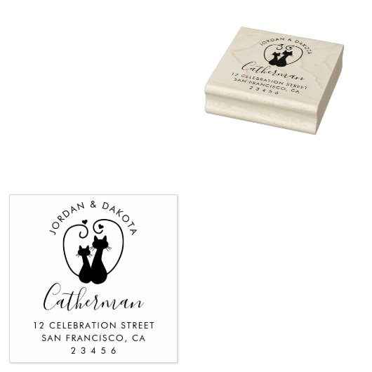 かわいい猫カップル |名前をカスタムすると差出人住所 ラバースタンプ (押印)