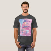 かわいい猫カフェとピンクの桜の花 Tシャツ (正面フル)