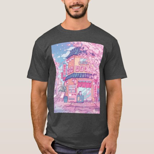 かわいい猫カフェとピンクの桜の花 Tシャツ (正面)