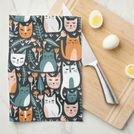 かわいい猫カラフル柄の植物性フローラプリント キッチンタオル