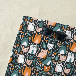 かわいい猫カラフル植物花柄 ビーチタオル