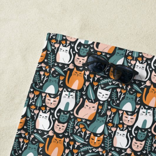 かわいい猫カラフル植物花柄 ビーチタオル (インサイチュ)