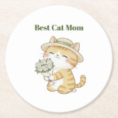 かわいい猫ガーデナーのバラの花束の紙コースター ラウンドペーパーコースター (正面)